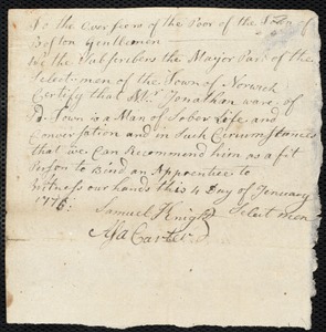 George Mattson Hannets indentured to apprentice with Jonathan Ware of Norwich, 18 March 1777