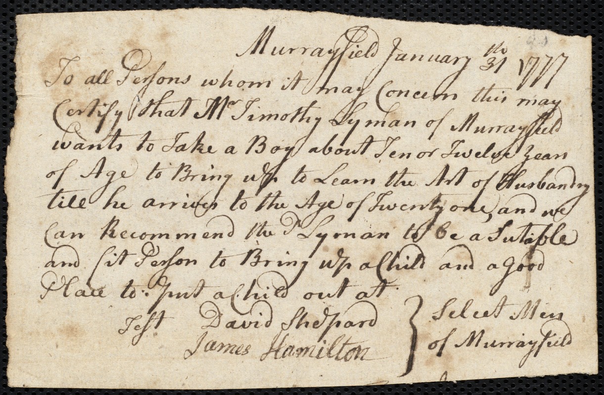 James Stuart indentured to apprentice with Timothy Lyman of Murrayfield, 18 March 1777