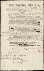 Sarah Emmons indentured to apprentice with Mary Leverett of Boston, 30 July 1777