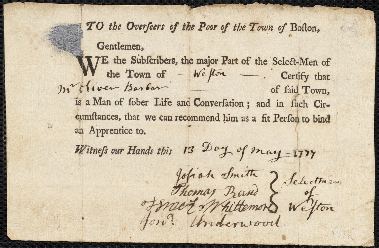 Matthew Lucas indentured to apprentice with Oliver Barber of Weston, 14 June 1777