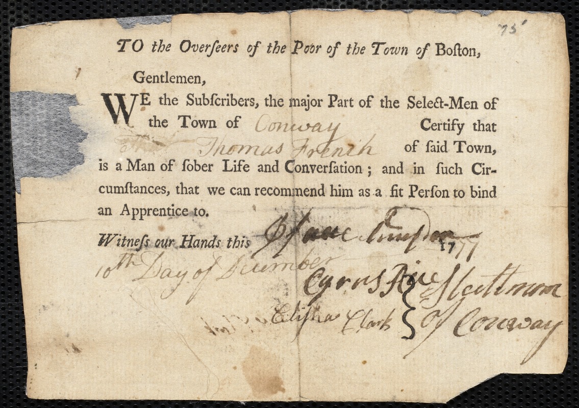 John Cullam Baker indentured to apprentice with Benjamin Vose of Milton, 23 September 1777