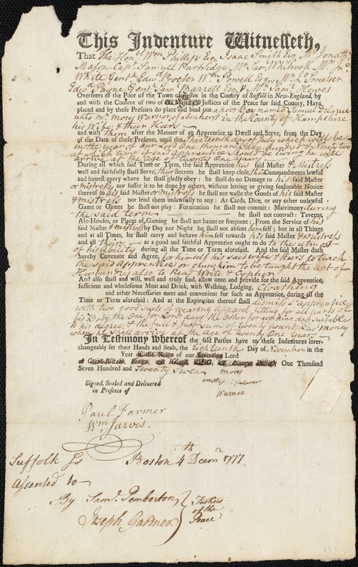 Samuel Delarue indentured to apprentice with Moses Warner of Amherst, 18 November 1777