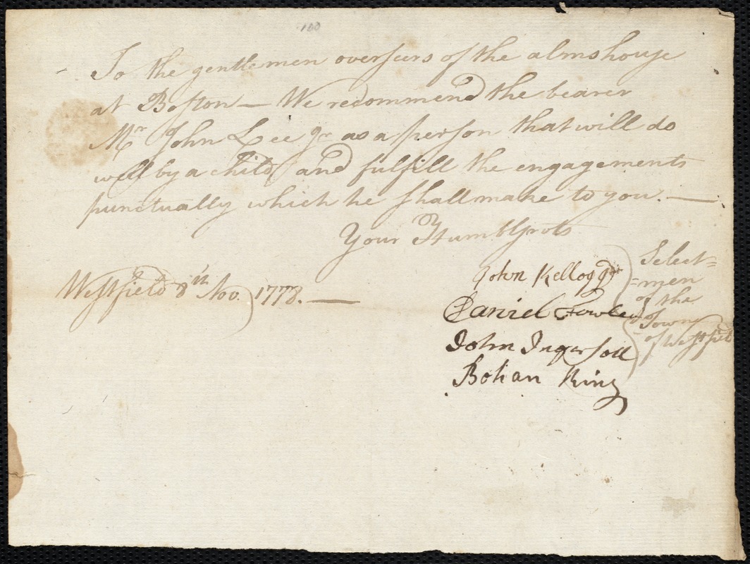 Anna Young indentured to apprentice with John Lee, Jr. of Westfield, 12 November 1778