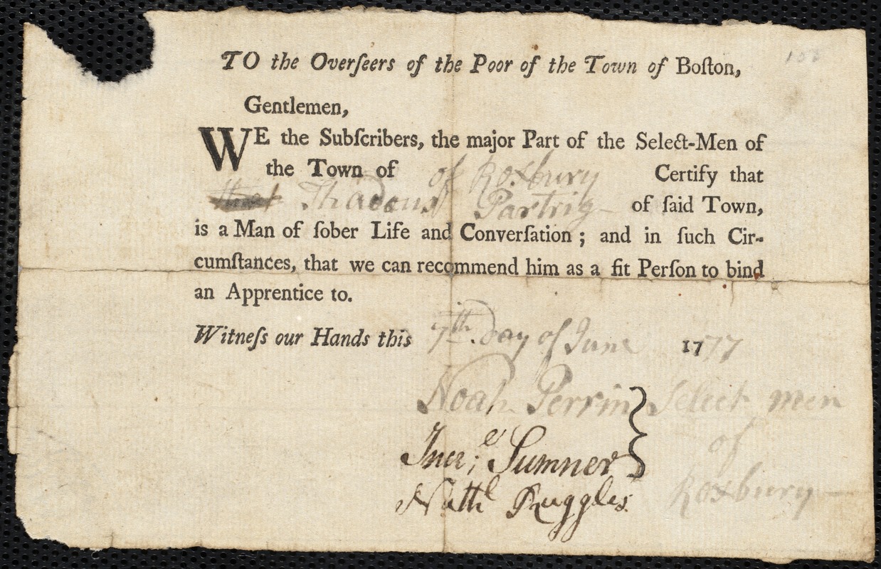 Samuel Taylor indentured to apprentice with Thaddeus Partridge of Roxbury, 12 June 1777