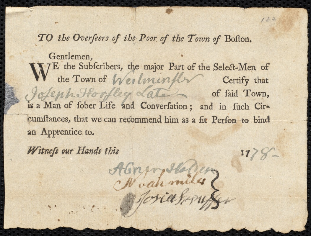 John Jerrell indentured to apprentice with Joseph Horsley of Shelburne, 25 June 1778