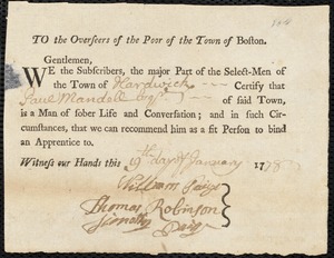 William Dunn indentured to apprentice with Paul Mandell of Hardwick, 4 February 1778