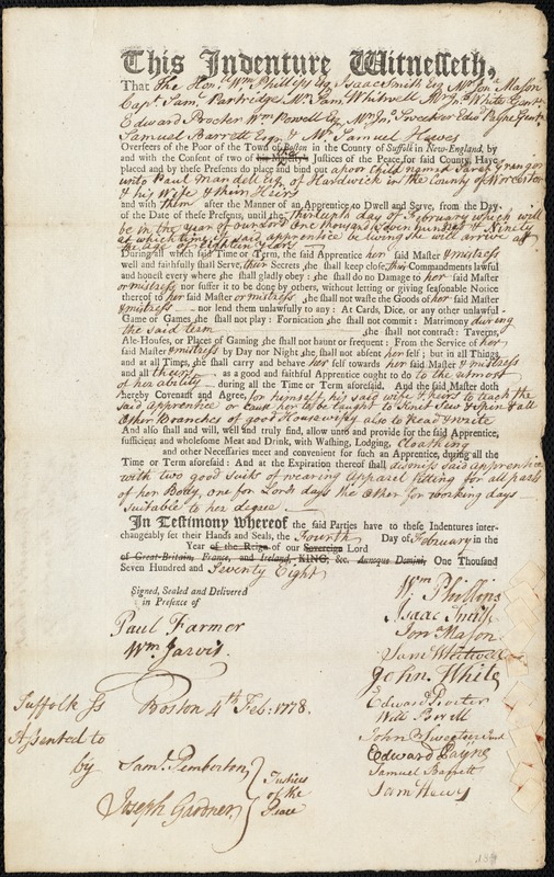 Sarah Granger indentured to apprentice with Paul Mandell of Hardwick, 4 February 1778