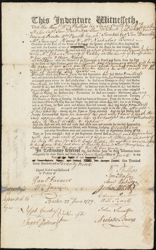Francis Jenkins indentured to apprentice with Ethan Pomeroy [Pomroy] of Hadley, 22 June 1779