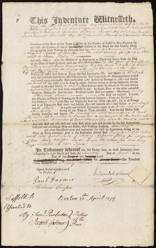 Mary Nickerson indentured to apprentice with Nehemiah Somes of Boston, 20 April 1779