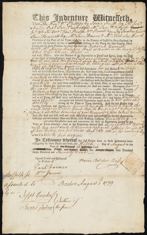 Deborah Cornish indentured to apprentice with Moses Belcher Bass of Boston, 5 August 1779