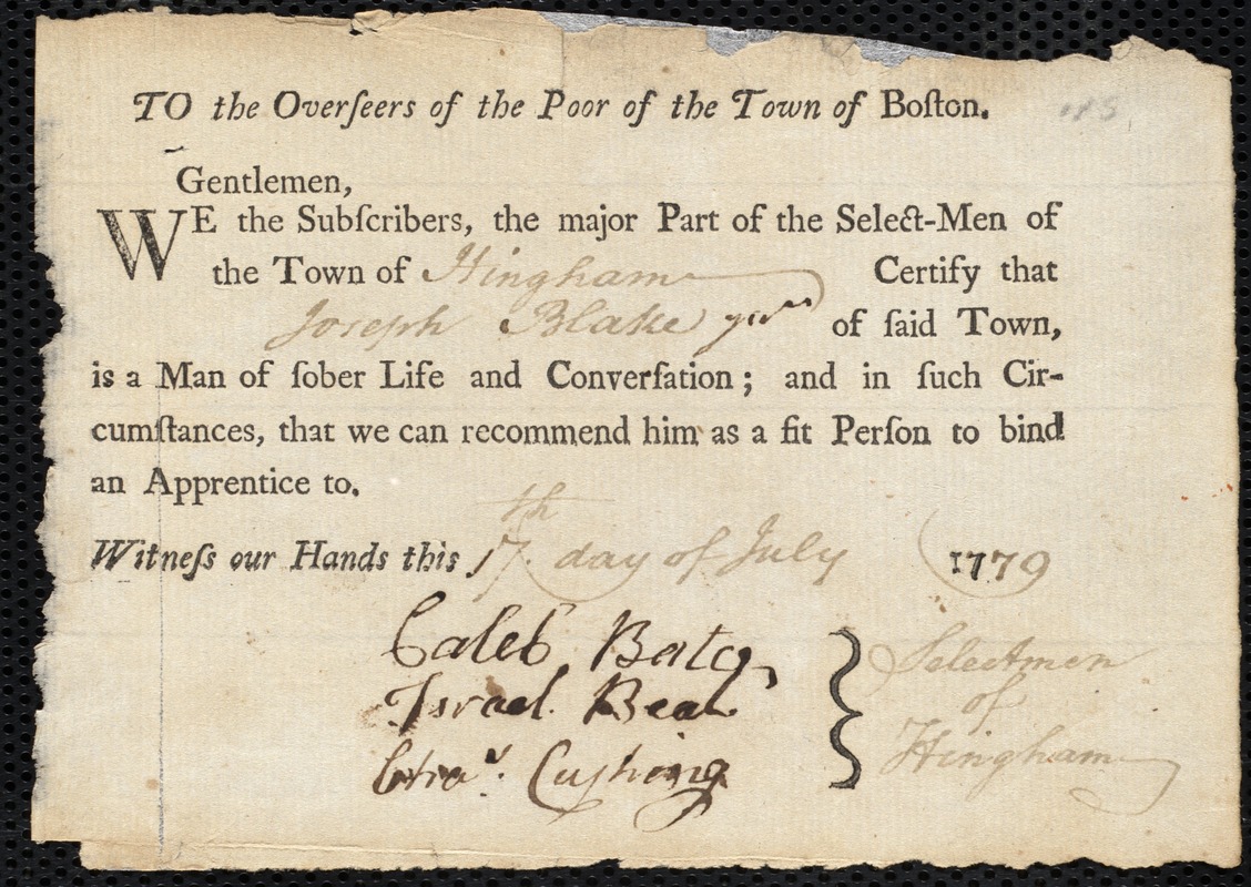 Elizabeth Gray indentured to apprentice with Joseph Blake of Hingham, 8 July 1779