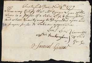 James Burrows indentured to apprentice with Cyrus Lyon of Chesterfield, 19 November 1779