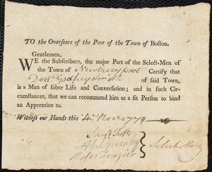 Mary Tate indentured to apprentice with Godfrey [Godfry] Smith of Newburyport, 6 November 1779