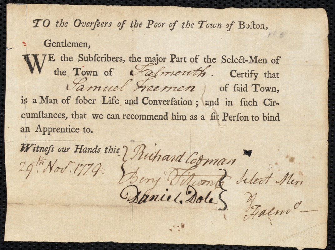 Ebenezer Scott indentured to apprentice with Samuel Freeman of Falmouth, 1 December 1779
