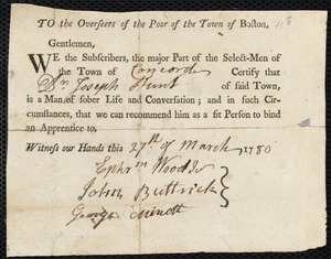 Mary Baister indentured to apprentice with Joseph Hunt of Concord, 23 March 1780