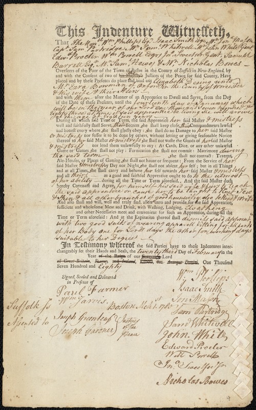 Elizabeth Dering indentured to apprentice with Ezra Bowman of Oxford, 23 February 1780