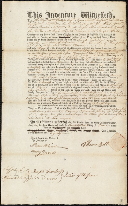 Sarah Eatridge indentured to apprentice with Thomas Bell of Colrain, 24 June 1780