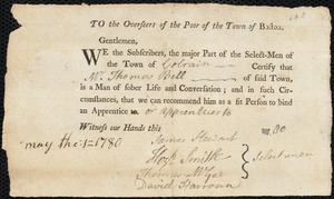 Nathaniel Eatridge indentured to apprentice with Thomas Bell of Colrain, 24 June 1780
