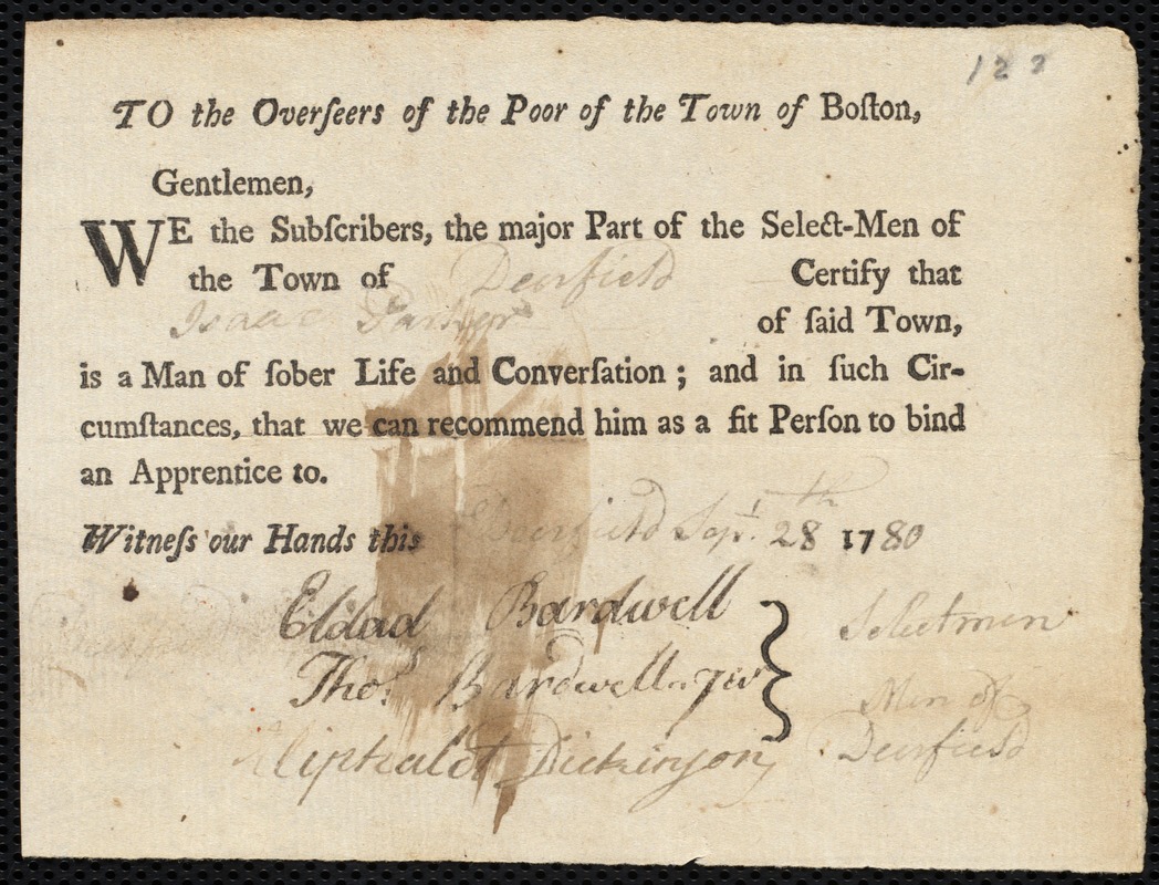 Mary Cox indentured to apprentice with Isaac Parker of Deerfield, 1 November 1780
