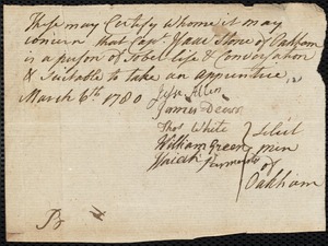 Henry Pace indentured to apprentice with Isaac Stone of Oakham, 25 March 1780