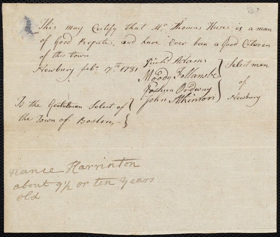 Nancy Harrinton indentured to apprentice with Thomas Husse [Huse] of Newbury, 28 February 1781