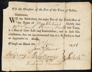 Phillipe [Phillepe] Low indentured to apprentice with Sweet Hooper of Marblehead, 11 June 1781