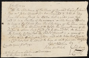 Silverster Rush indentured to apprentice with John Barrett, Jr. of Concord, 12 April 1781