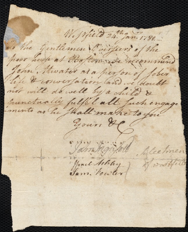 Mary Sprague indentured to apprentice with John Atwater of Westfield, 31 January 1781