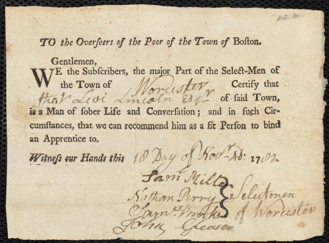 Edward Winslow indentured to apprentice with Levi Lincoln of Worcester, 14 November 1782