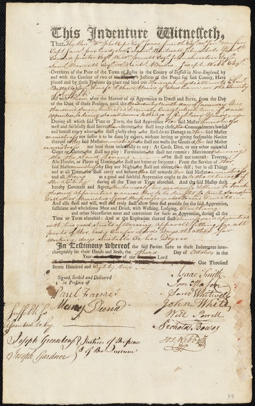 Hannah Lydiett indentured to apprentice with Ebenezer Battelle of Dedham, 3 October 1782