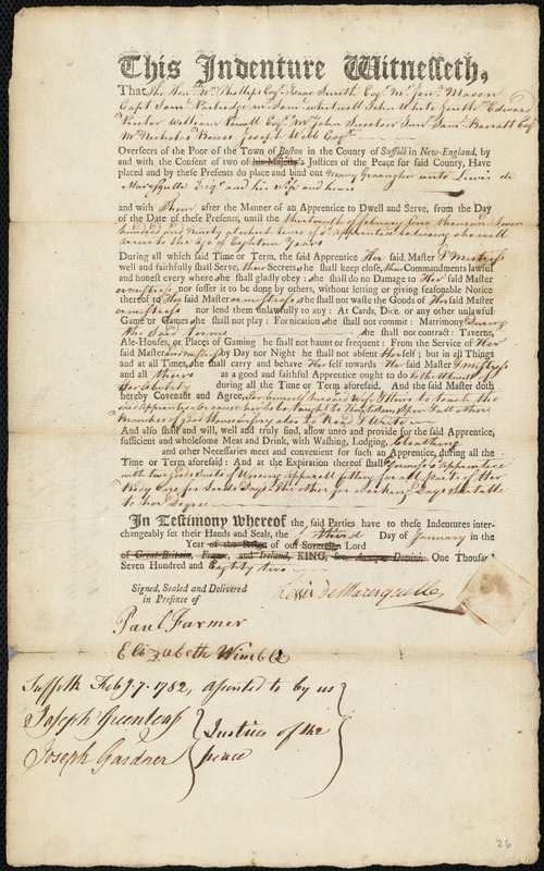 Mary Graingher indentured to apprentice with Lewis de Maresquelle of ?, 3 January 1782