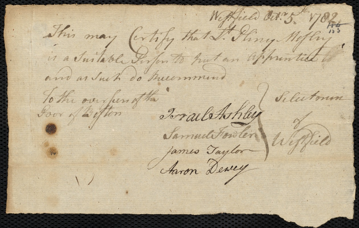William Phillip Hodgetts indentured to apprentice with Pliny Mosley [Moseley] of Westfield, 12 October 1782