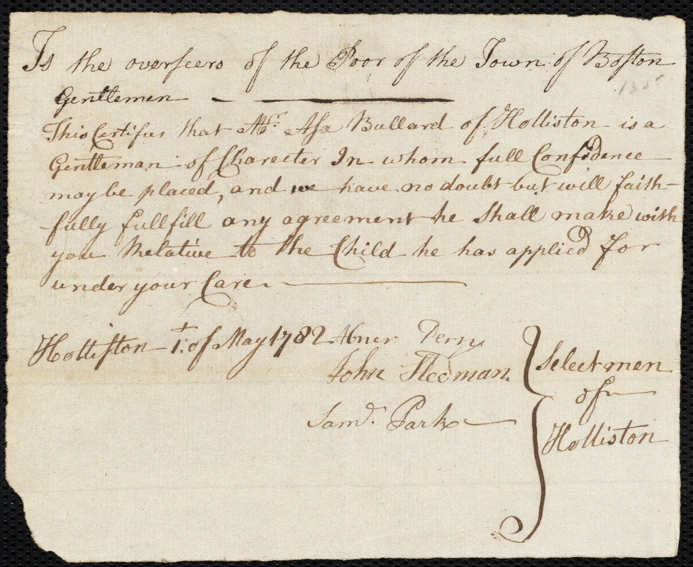 Charlotte Harris indentured to apprentice with Asa Bullard of Holliston, 1 May 1782