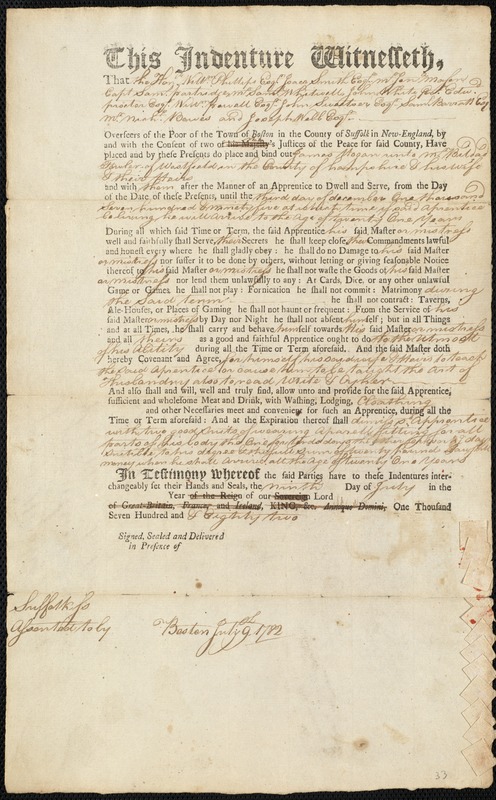 James Hogan indentured to apprentice with Bildad Fowler of Westfield, 9 July 1782