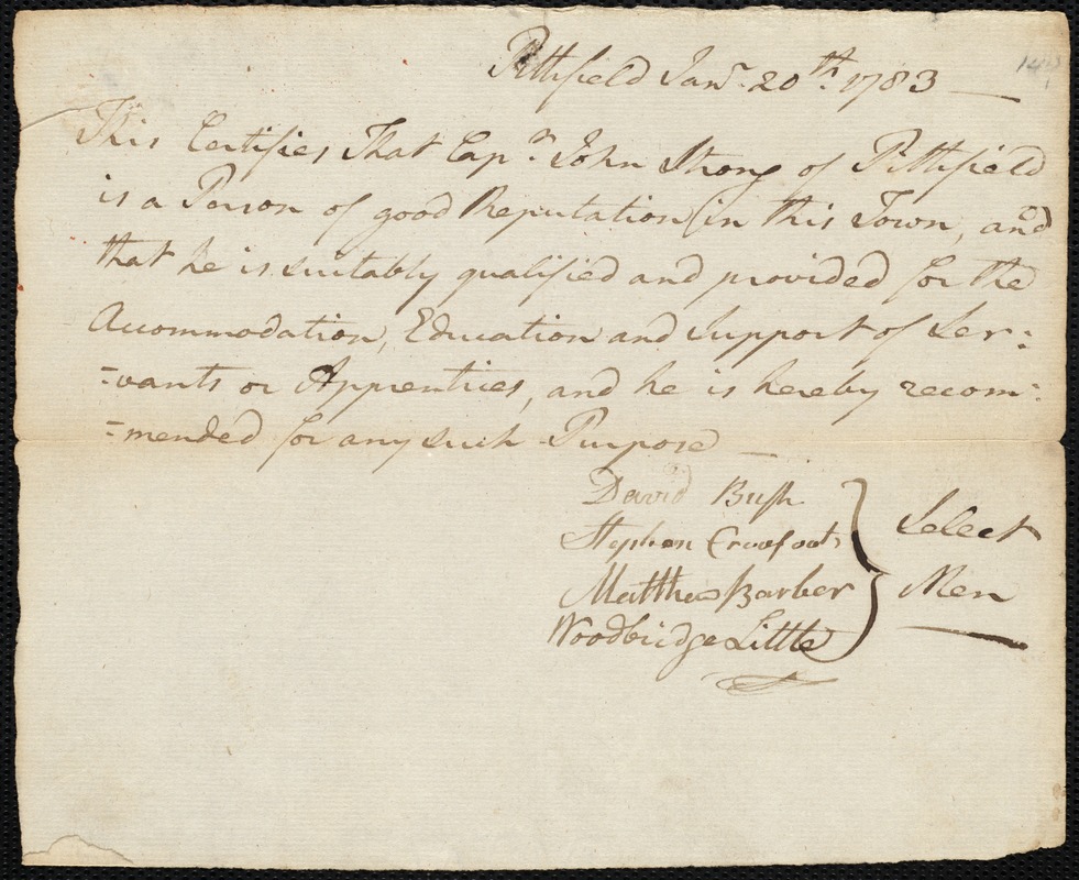 James Hogan indentured to apprentice with John Strong of Pittsfield, 3 February 1783