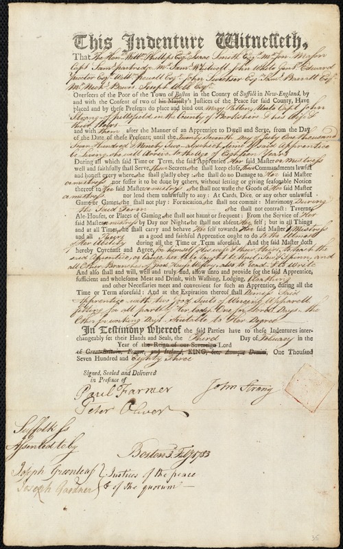 Mary Patten indentured to apprentice with John Strong of Pittsfield, 3 February 1783
