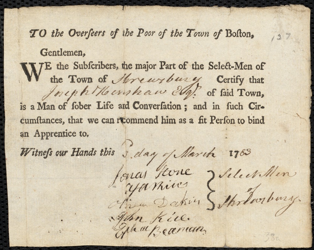 William Pattern indentured to apprentice with Joseph Henshaw of Shrewsbury, 7 March 1783
