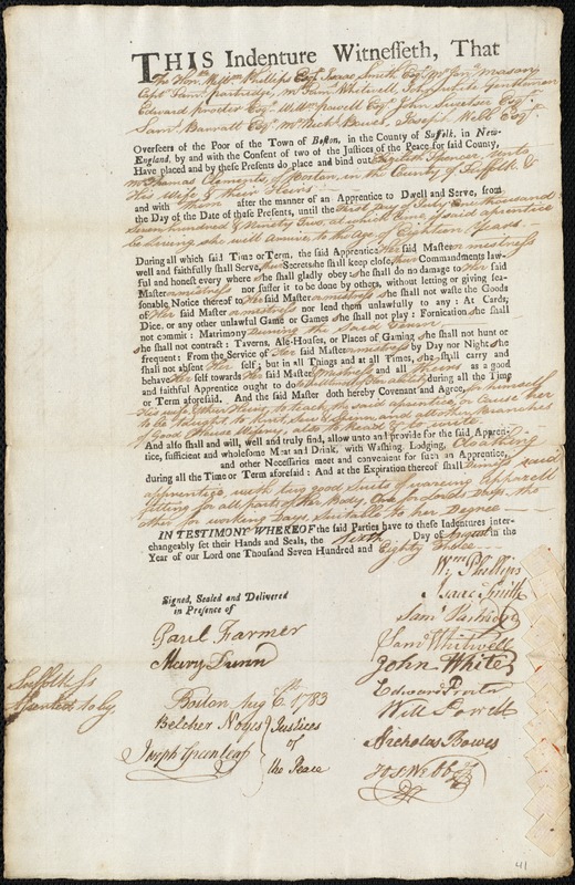 Elizabeth Spencer indentured to apprentice with Thomas Clements of Boston, 6 August 1783
