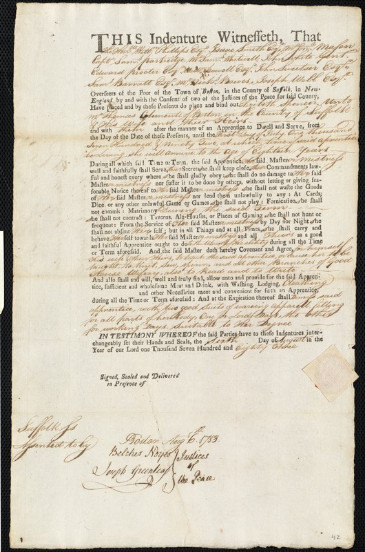 Elizabeth Spencer indentured to apprentice with Thomas Clements of Boston, 6 August 1783