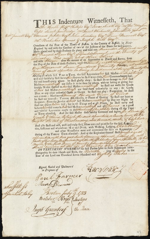 Alexander Sheppard indentured to apprentice with Francis Shaw of Gouldsborough, 9 July 1783