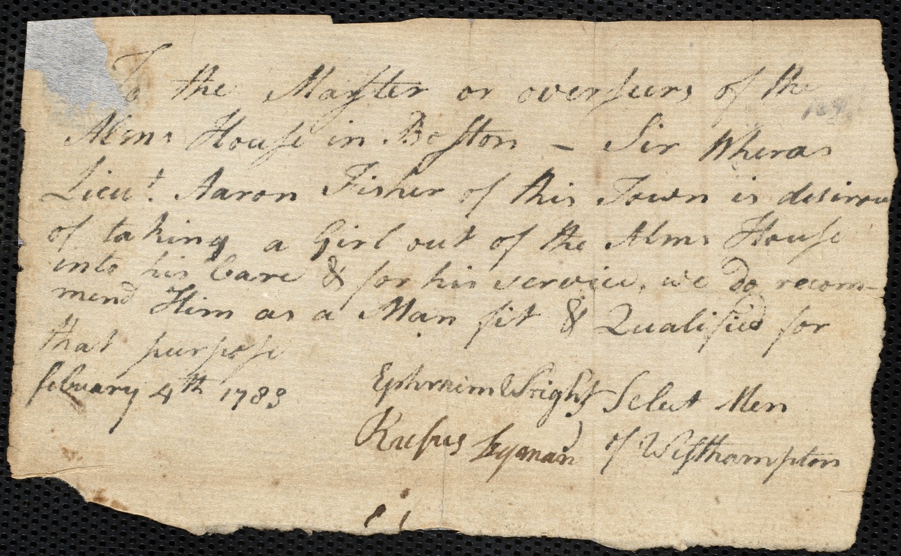 Susannah Peirse indentured to apprentice with Asron [Aaron] Fisher of Westhampton, 12 February 1783