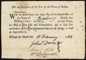 Nancy Murry indentured to apprentice with Thomas Weld of Roxbury, 15 February 1783