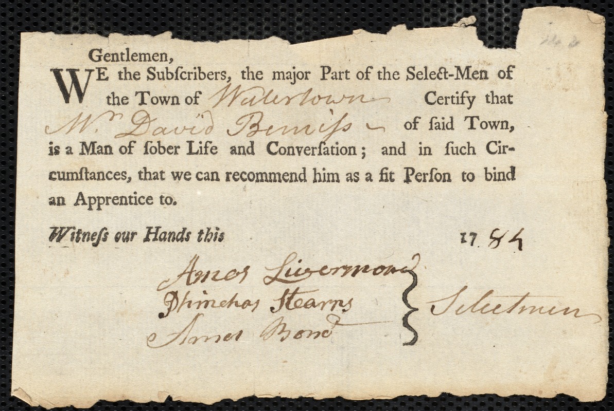 Royall Webb indentured to apprentice with David Beniss of Watertown, 6 October 1784