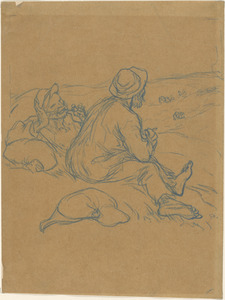 Sketch of two bearded men lying in grass
