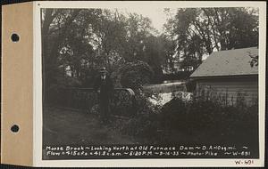 Moose Brook, looking north at Old Furnace dam, drainage area = 10 square miles, flow = 415 cubic feet per second = 41.5 cubic feet per second per square mile, Hardwick, Mass., 5:20 PM, Sep. 16, 1933