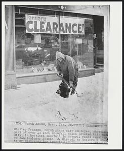 North Adams, Mass. Street Clearance. Chester Johnson, North Adams city employee, shovels part of over 12 inch snowfall which covered this city, in heaviest snowfall in several years causing PW commissioner Joseph J. Girardi to declare a state of emergency for traffic.