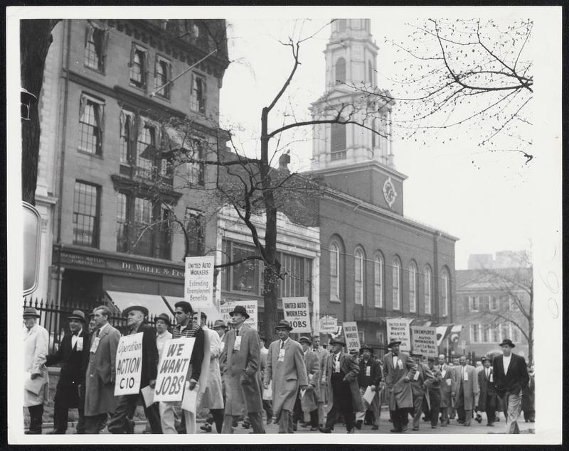 Cio Members March- Part of more than 500 members of Massachusetts CIO councils march past Park Street Church on "Brimstone Corner" on way to State House in demonstration to support Gov. Furcolo's program for jobs.