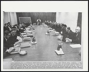 Detroit – Chrysler Negotiations Begin – Chrysler Corp. and United Auto Workers Union representatives gather around the huge bargaining table in Detroit as contract talks began for a new agreement. The UAW was headed by President Walter Reuther (seated on left side of table), and John D. Leary, vice president-administration headed Chrysler’s group. Talks are under way also in Detroit at Ford and General Motors.