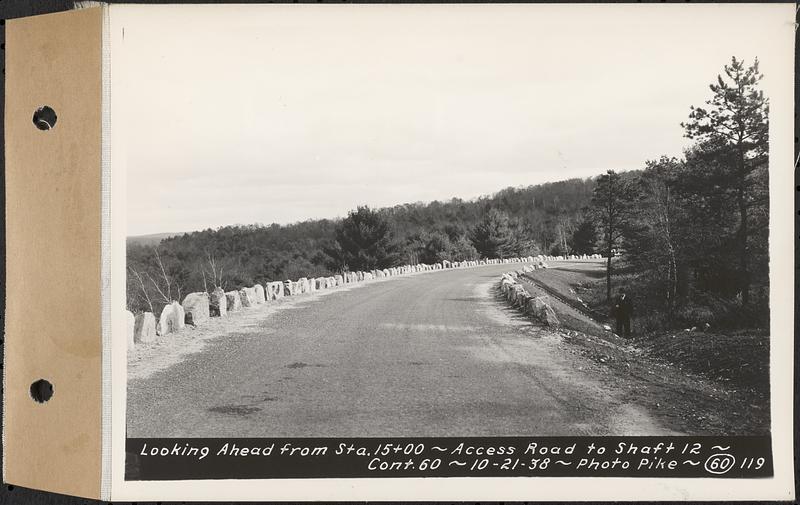 Contract No. 60, Access Roads to Shaft 12, Quabbin Aqueduct, Hardwick and Greenwich, looking ahead from Sta. 15+00, Greenwich and Hardwick, Mass., Oct. 21, 1938