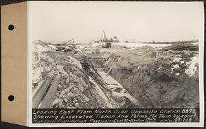 Contract No. 80, High Level Distribution Reservoir, Weston, looking east from north side opposite Sta. 887+/- showing excavated trench and forms for twin aqueduct, high level distribution reservoir, Weston, Mass., Feb. 27, 1940